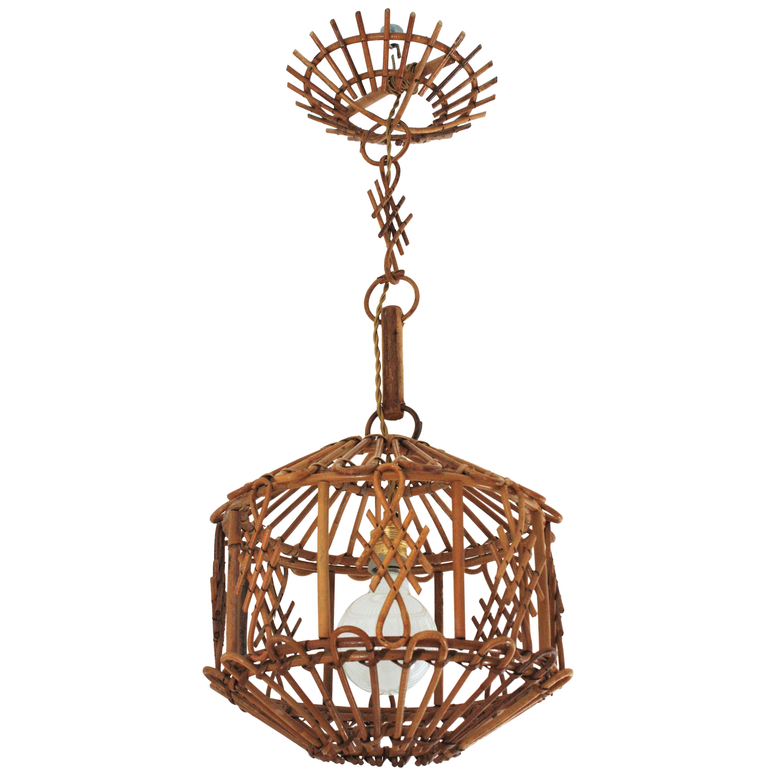 French Modernist Rattan Pendant Lantern / Hanging Light with Chinoiserie Accents