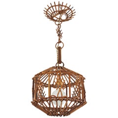 Vintage French Modernist Rattan Pendant Lantern / Hanging Light with Chinoiserie Accents