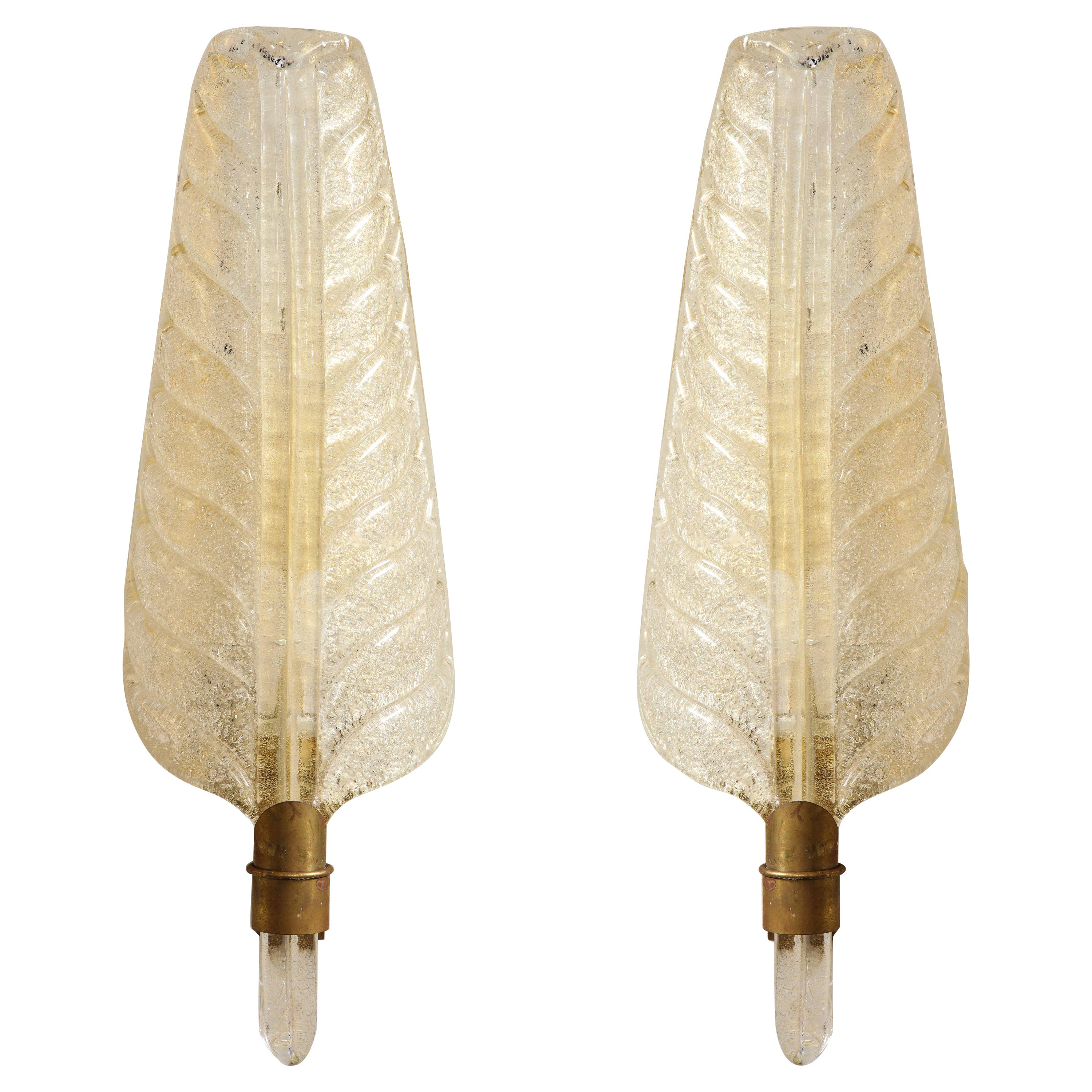 1950s Elegant Vintage Barovier Gold Incrusted Murano Glass Feather Wall Sconces