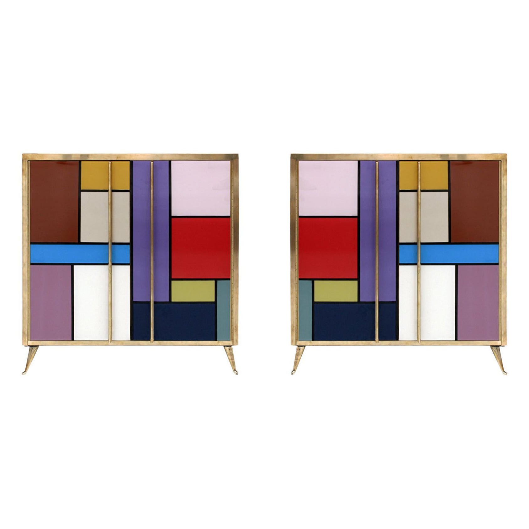 Mid-Century Modern Solid Wood and Colored Glass Italian Pair of Sideboards For Sale