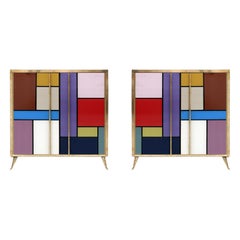 Retro Mid-Century Modern Solid Wood and Colored Glass Italian Pair of Sideboards