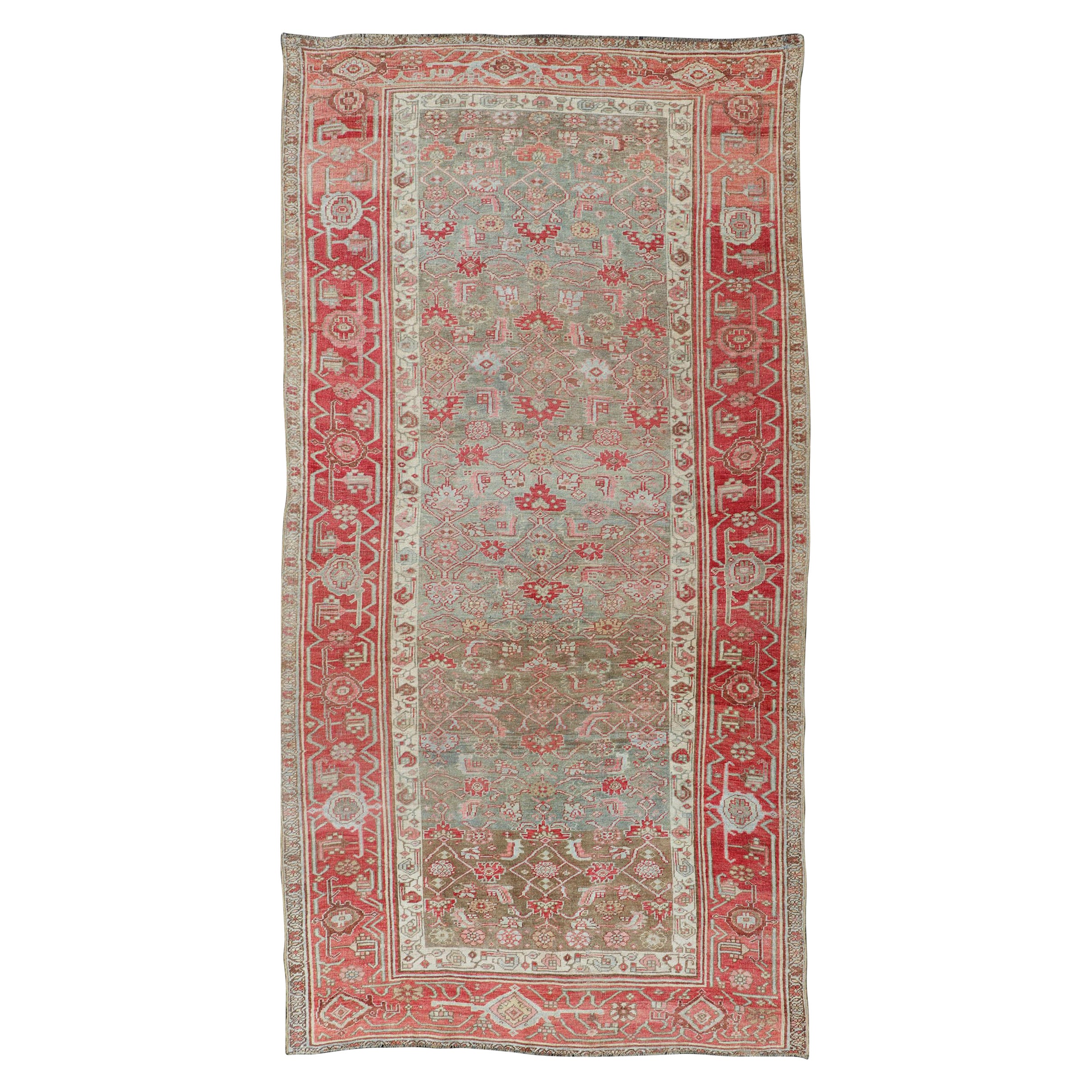 Antique Persian Bidjar Rug with Geometric Herati Design in Light Green and Red For Sale