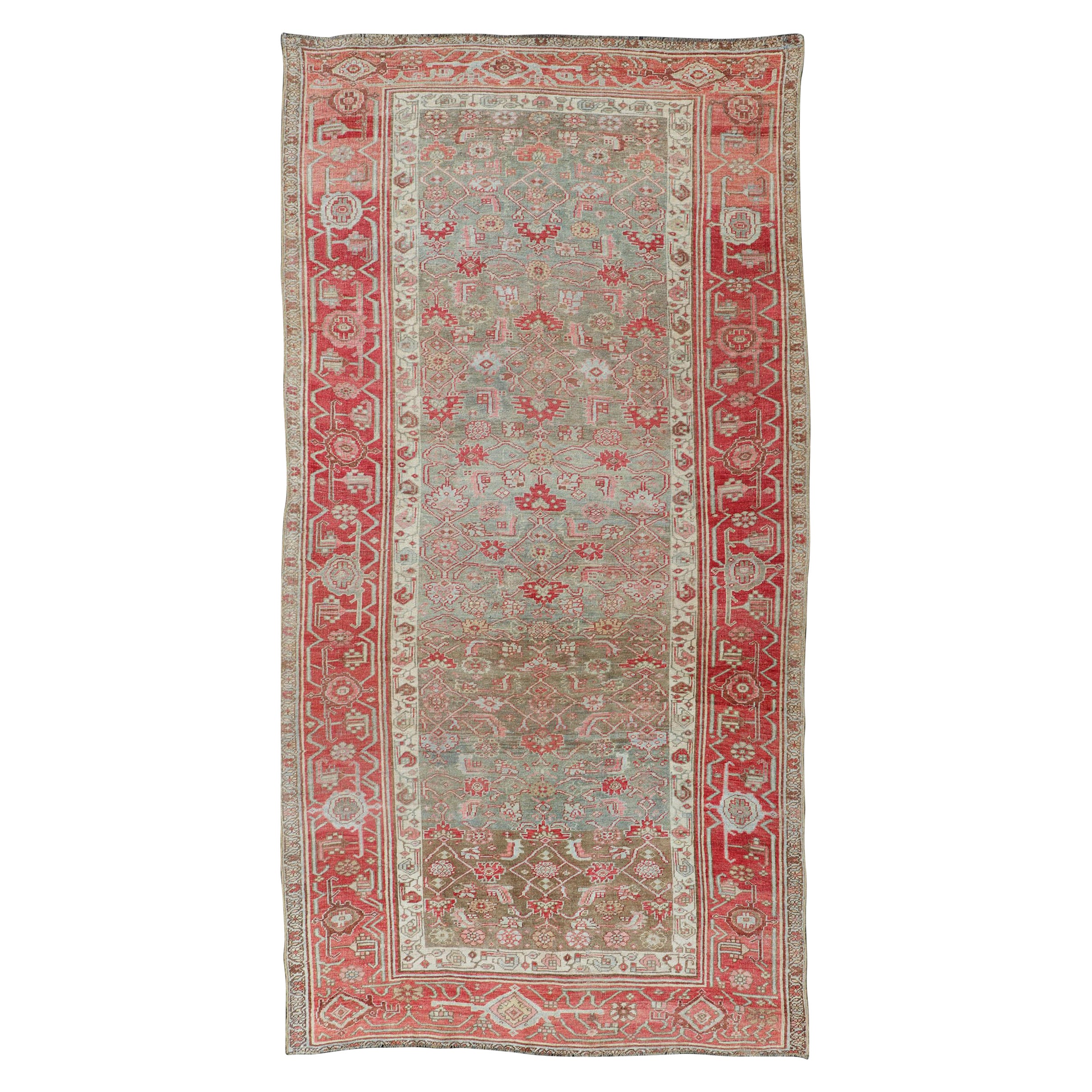 Antique Persian Bidjar Rug with Geometric Herati Design in Light Green and Red