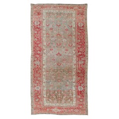 Antique Persian Bidjar Rug with Geometric Herati Design in Light Green and Red