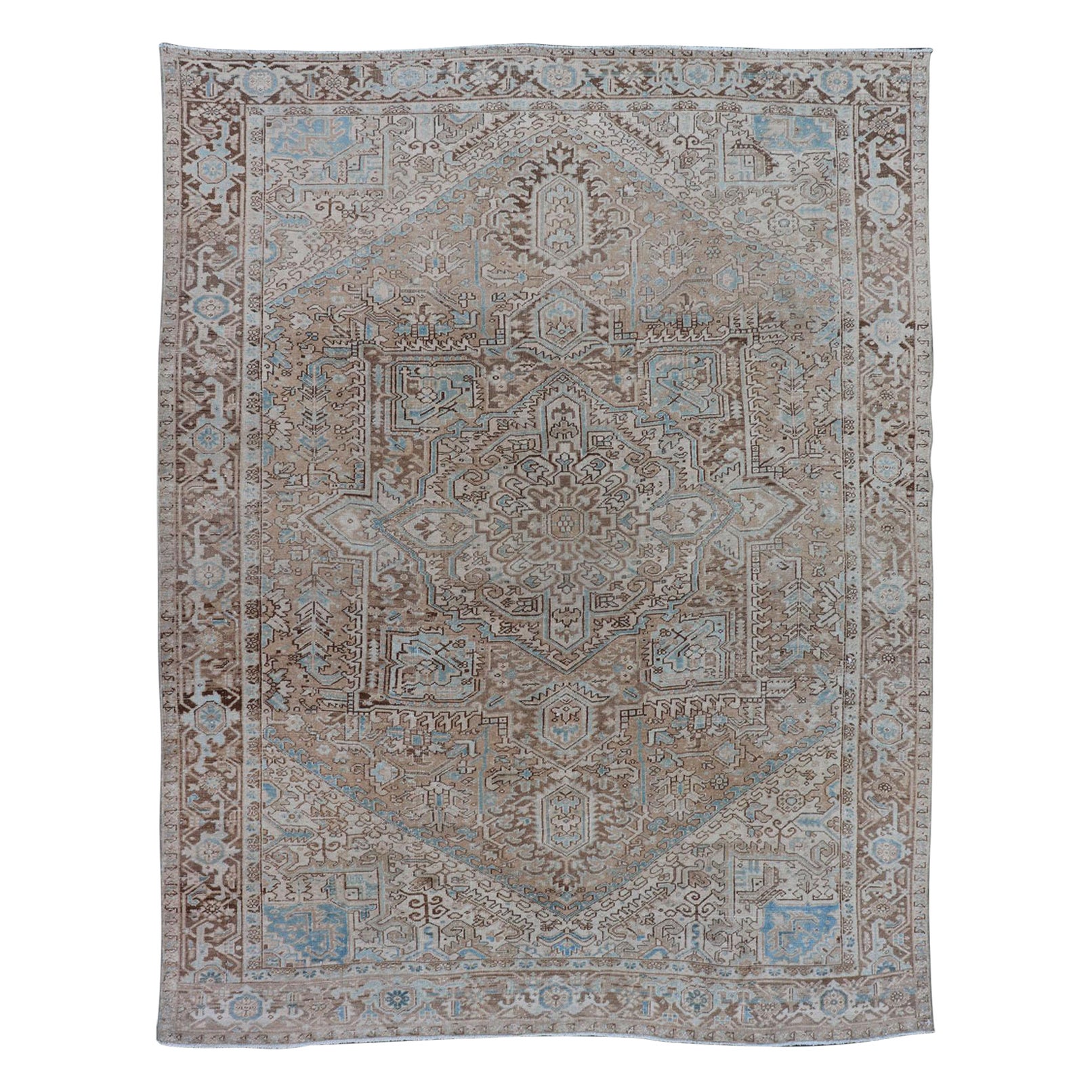 Antique Persian Heriz Rug with Geometric Design in Taupe, Tan, Brown and Lt Blue For Sale