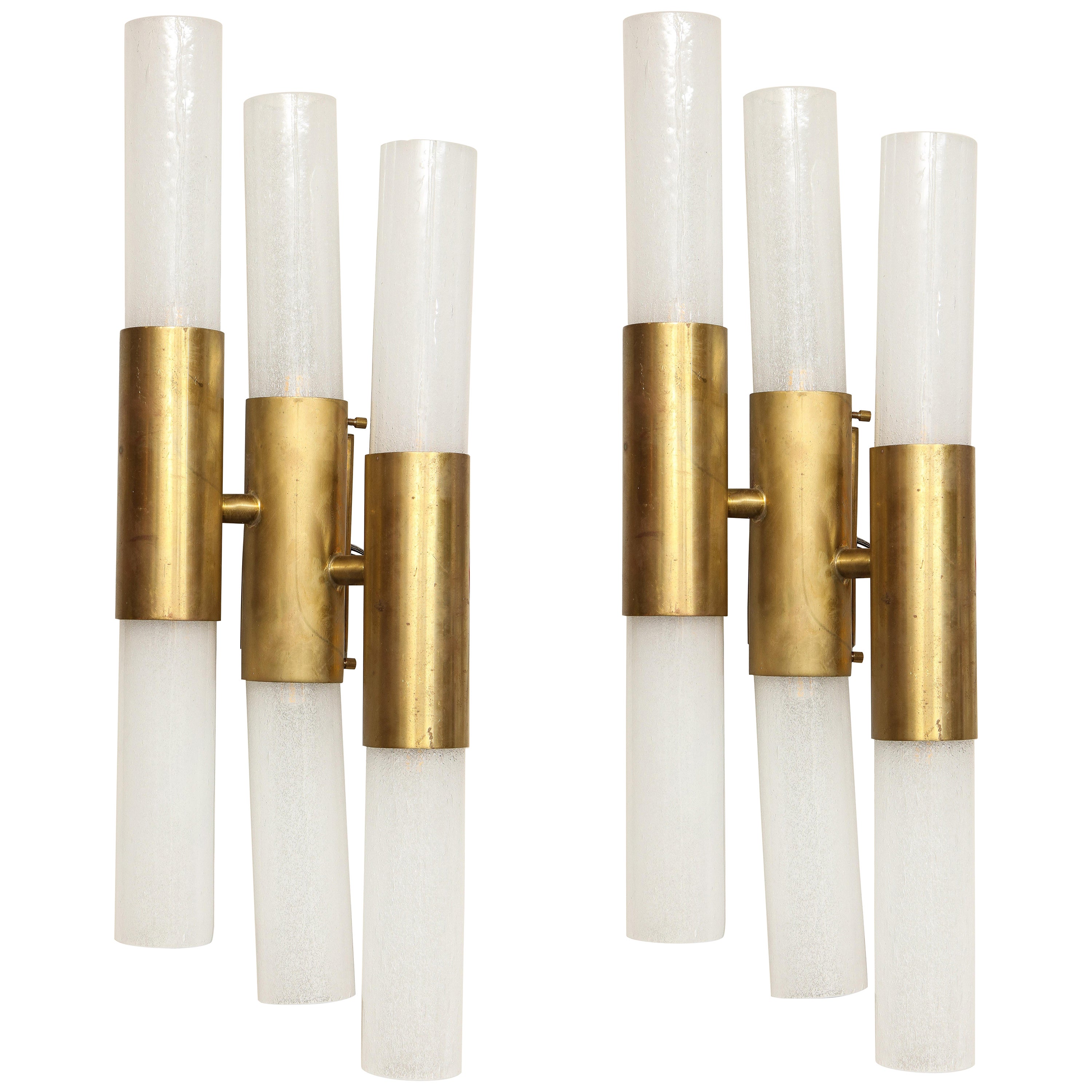 Pair of Brass and Opaline Glass Wall Sconces For Sale