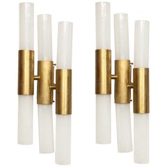 Pair of Brass and Opaline Glass Wall Sconces