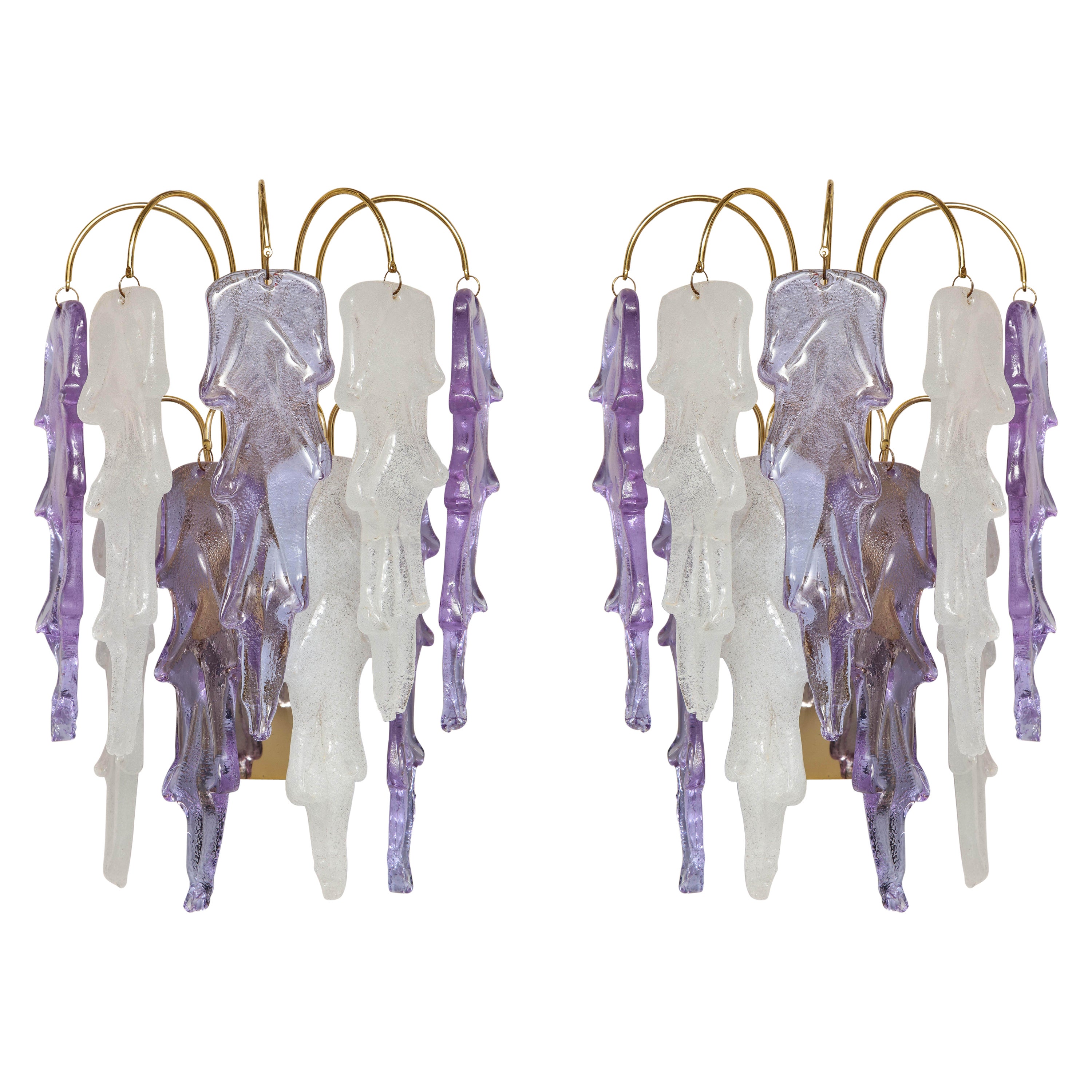 1970s Mazzega Italian Murano Glass Wall Sconces with Amethyst and Frost Glass For Sale