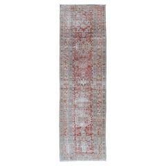 Antique Persian Heriz Distressed Runner with Geometrics in Red and Light Blue 