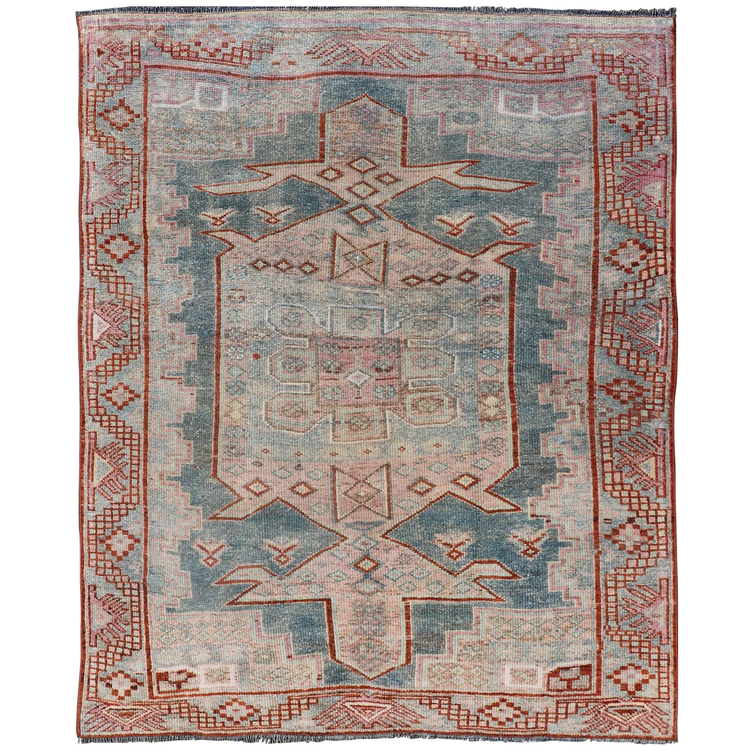 Persian Kurdish Antique Rug with Tribal Design in Light Blue, Teal, Taupe & Red