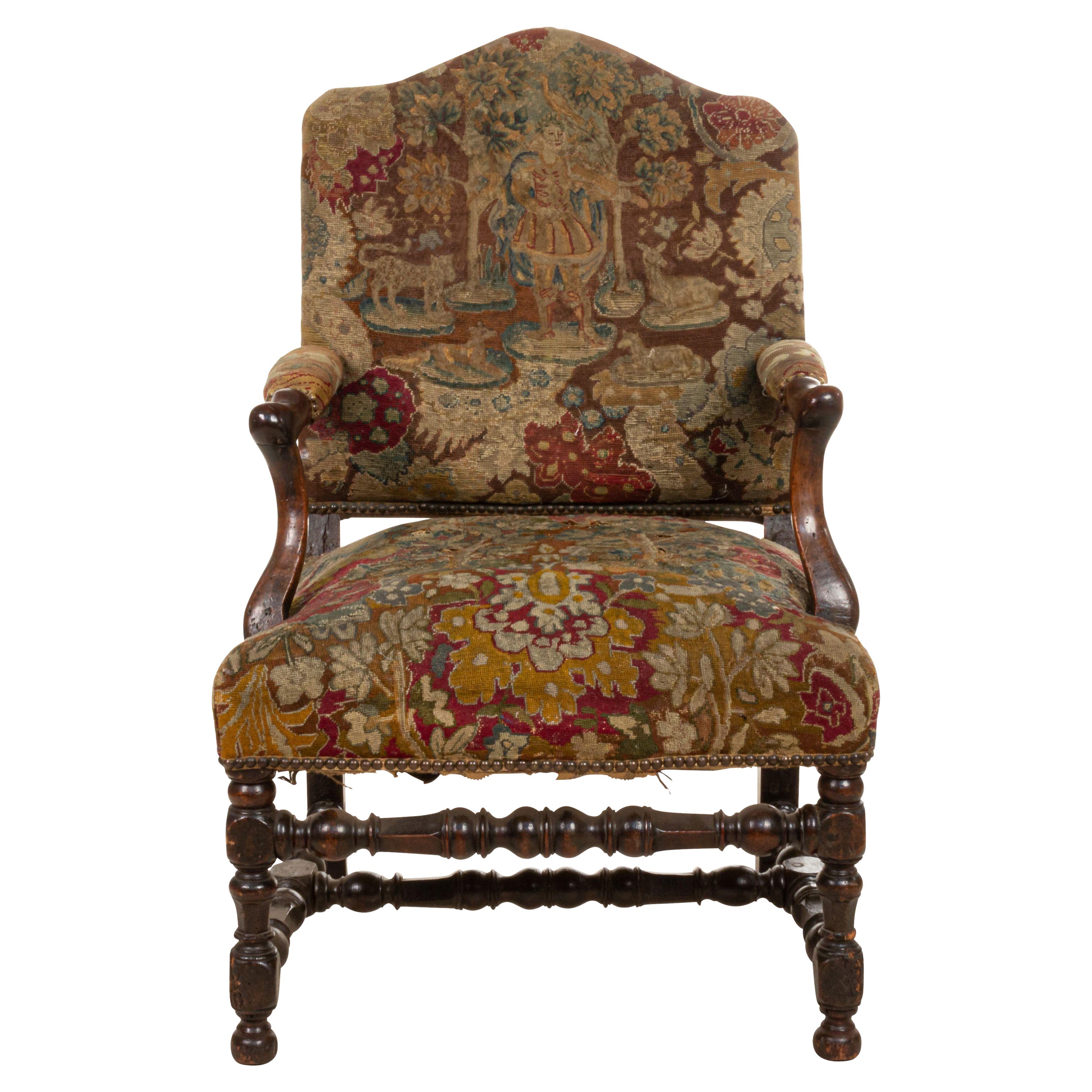 Antique Walnut French Country Leather Arm Chair For Sale at 1stDibs