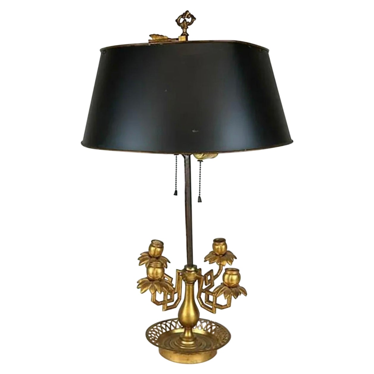 Wonderful French Dore Bronze Floral Basket Bouillotte Lamp Tole Shade