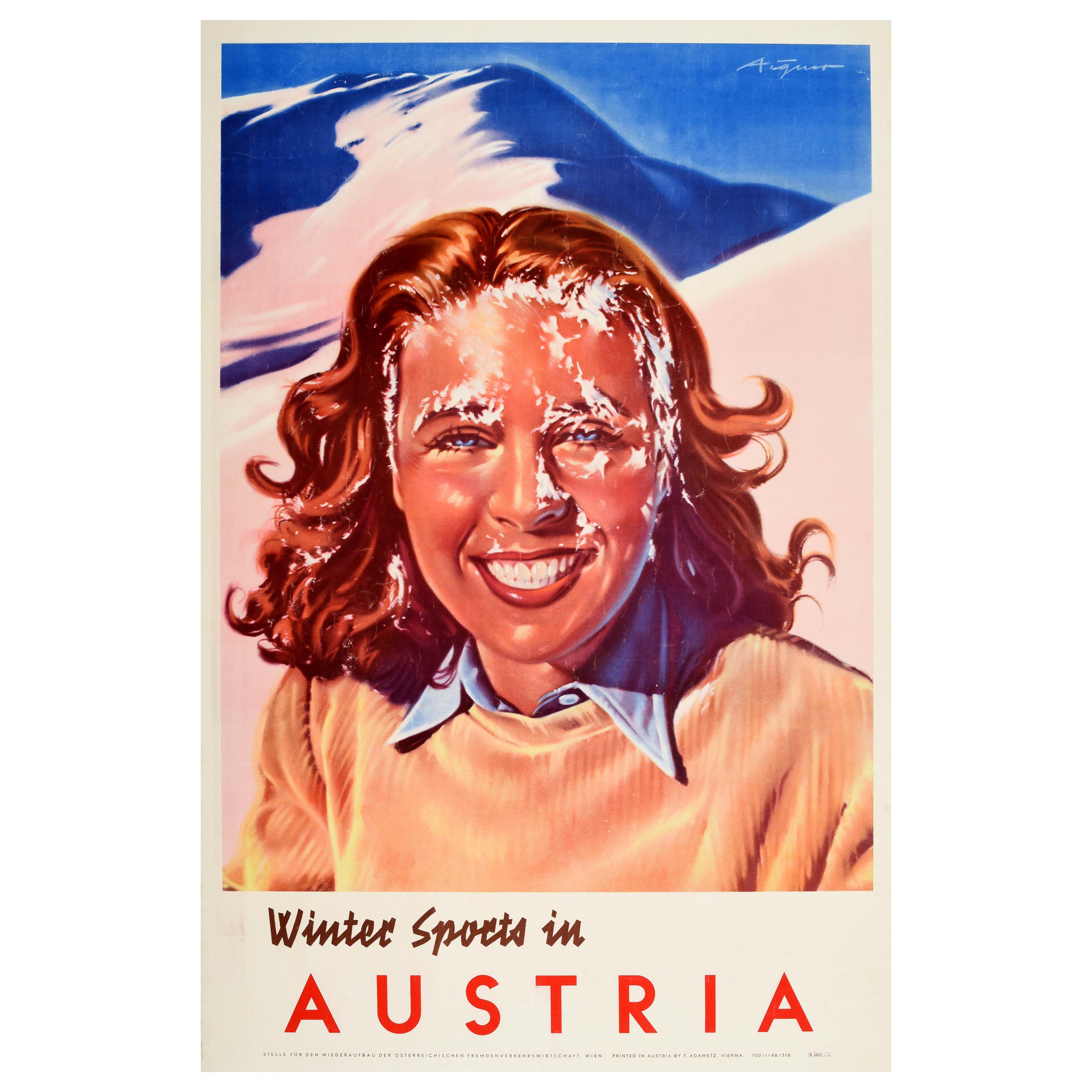 Affiche vintage d'origine Sports d'hiver en Autriche, Montagnes, Dessin de boules de neige
