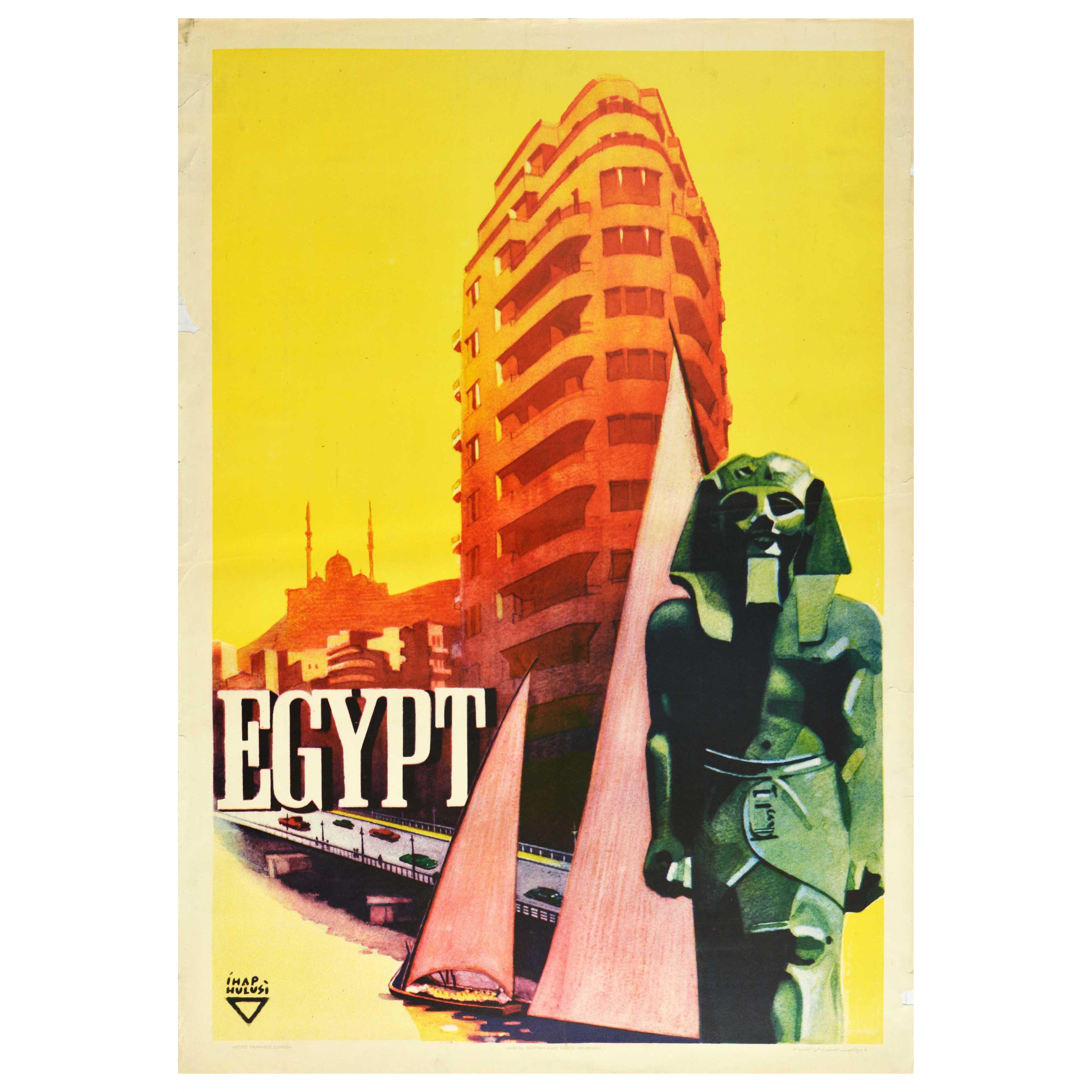 Original Vintage Poster Egypt Ancient Pharaoh Modern City River Nile Sailing Art