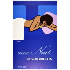 Französisches Eisenbahnplakat Une Nuit En Voiture-Lits, Nachtzug SNCF, Vintage