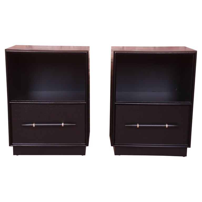 Robsjohn-Gibbings for Widdicomb Black Lacquered Nightstands, Newly Refinished For Sale