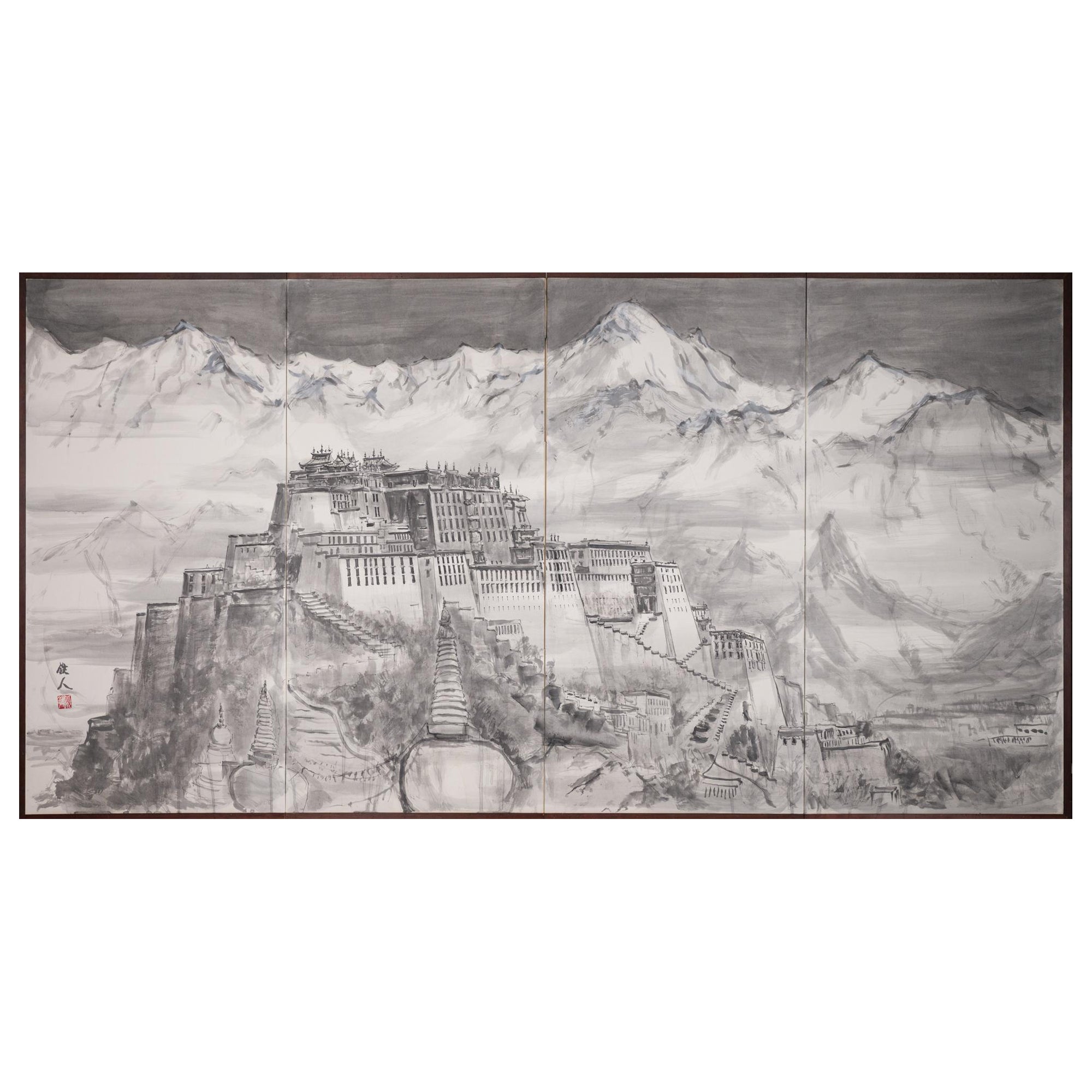 Paravent japonais à quatre panneaux représentant la monastère des montagnes tibétaines