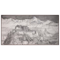 Antique Japanese Four Panel Screen Tibetan Mountain Monastery