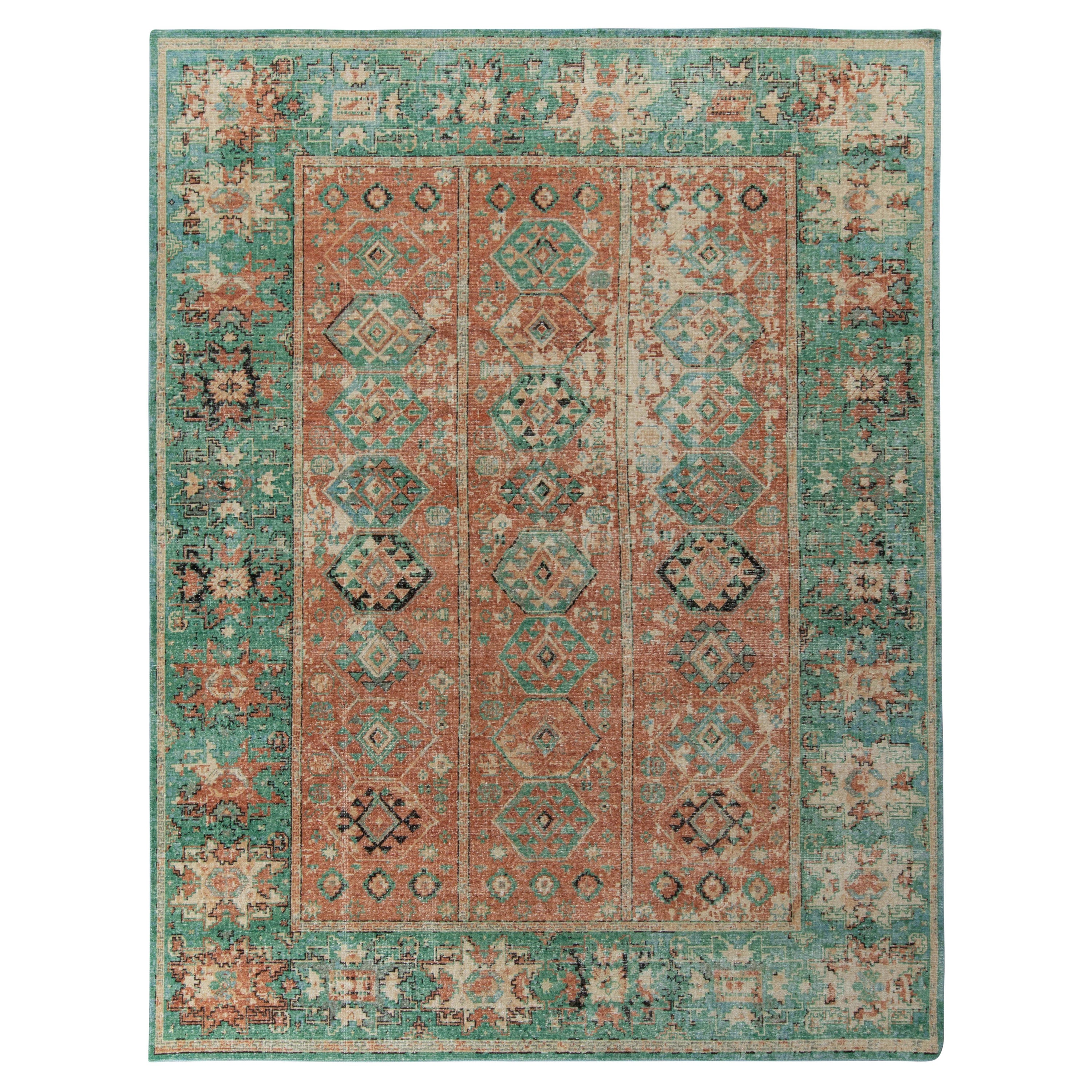 Rug & Kilim’s Distressed Tribal Style Rug in Orange, Green Geometric Pattern For Sale