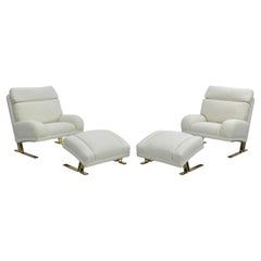 Directional Furniture Brass and Boucle Lounge Chairs and Ottomans