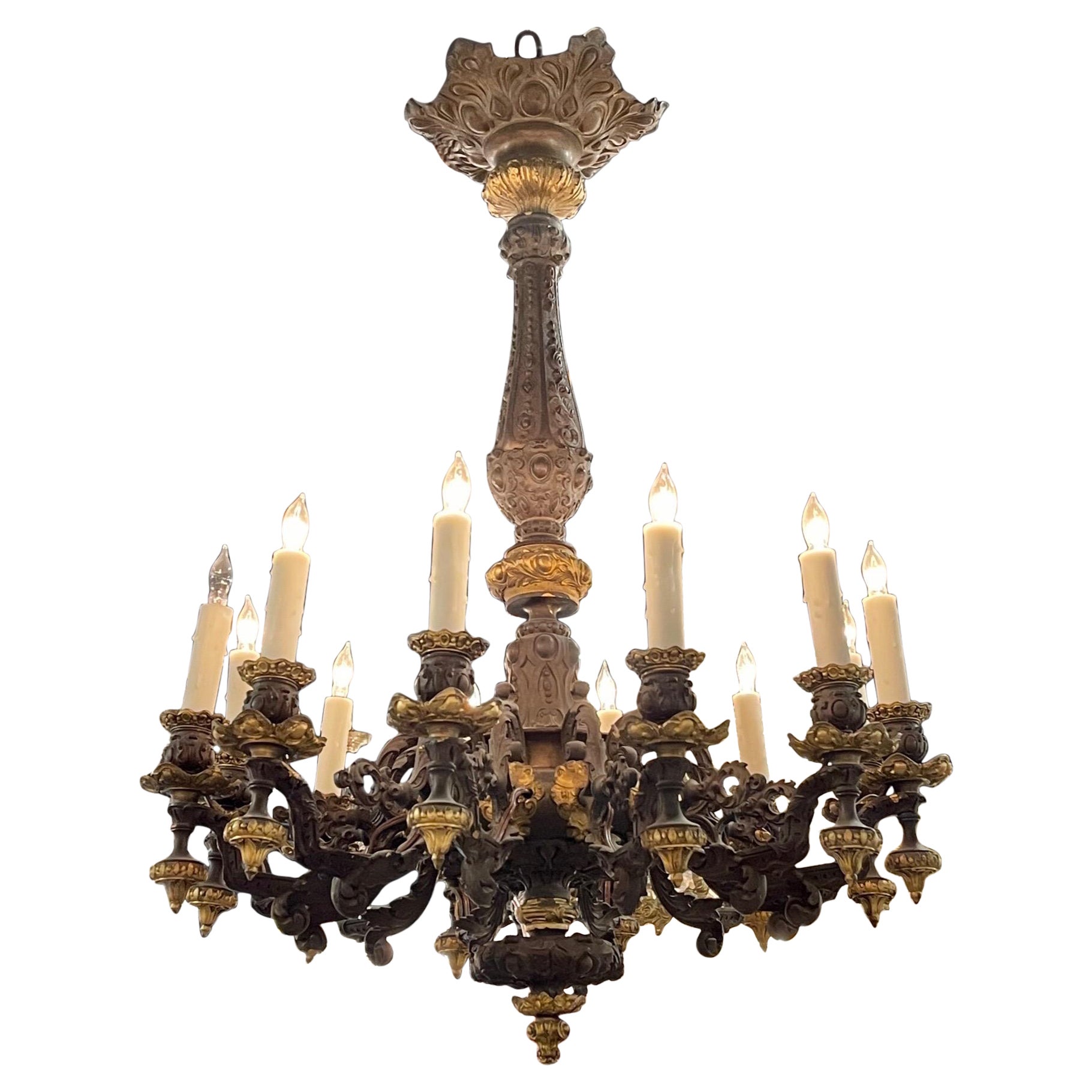 19th Century French Bronze 12 Light Chandelier For Sale
