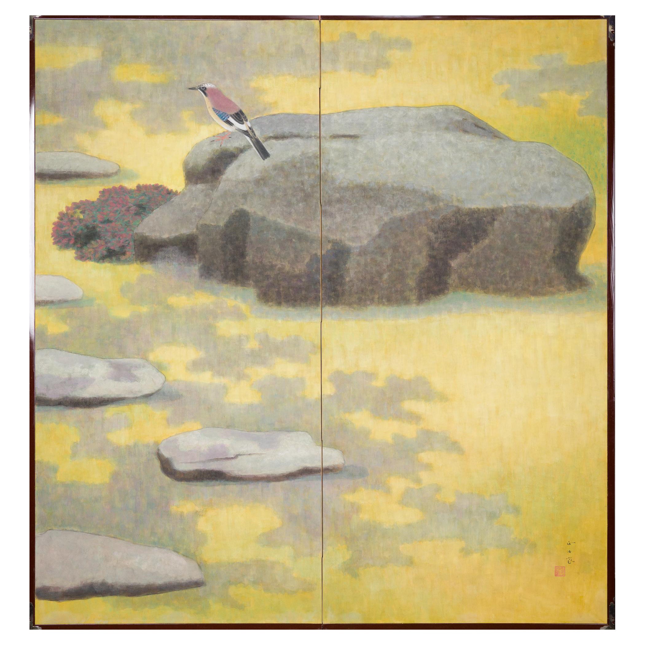 Japanese Two Panel Screen: Bird on a Rock on a Minimalist Ground