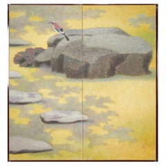 Antique Japanese Two Panel Screen: Bird on a Rock on a Minimalist Ground