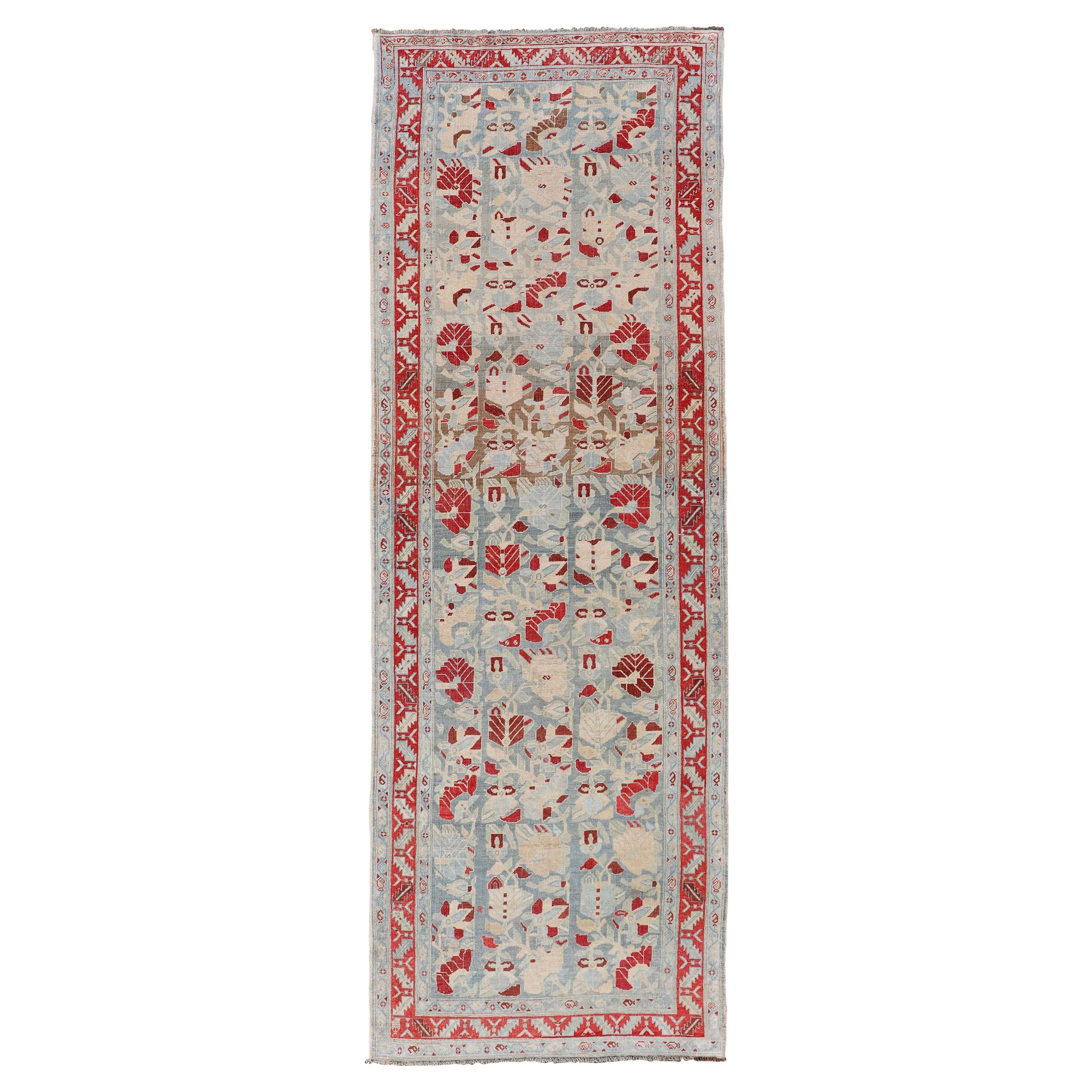 Antique Persian Hamedan Runner with Geometric in Light Blue & Raspberry Red For Sale