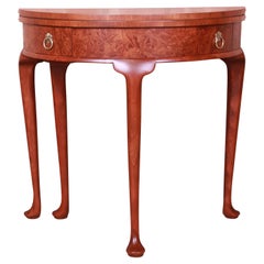 Baker Furniture Burled Walnut Queen Anne Flip Top Demilune Console Table