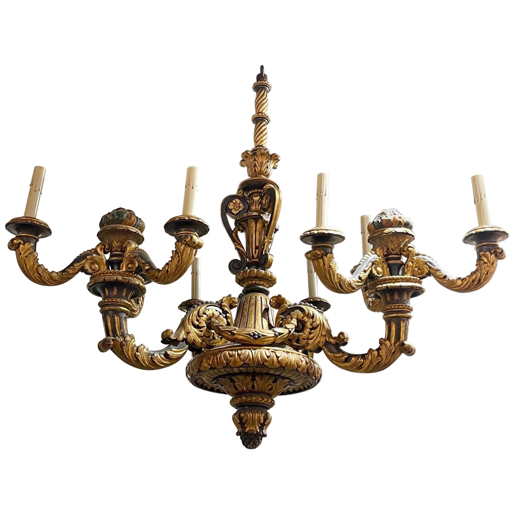 19th Century French Carved and Poly Chromed 9 Light Wood Chandelier For Sale