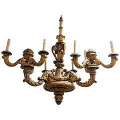 Antique 19th Century French Carved and Poly Chromed 9 Light Wood Chandelier