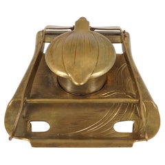 Antique Brass Inkstand, Art Nouveu, Ceramic Insert, Scotland 1910, B2776y