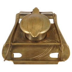 Antique Brass Inkstand, Art Nouveu, Ceramic Insert, Scotland 1910, B2776y