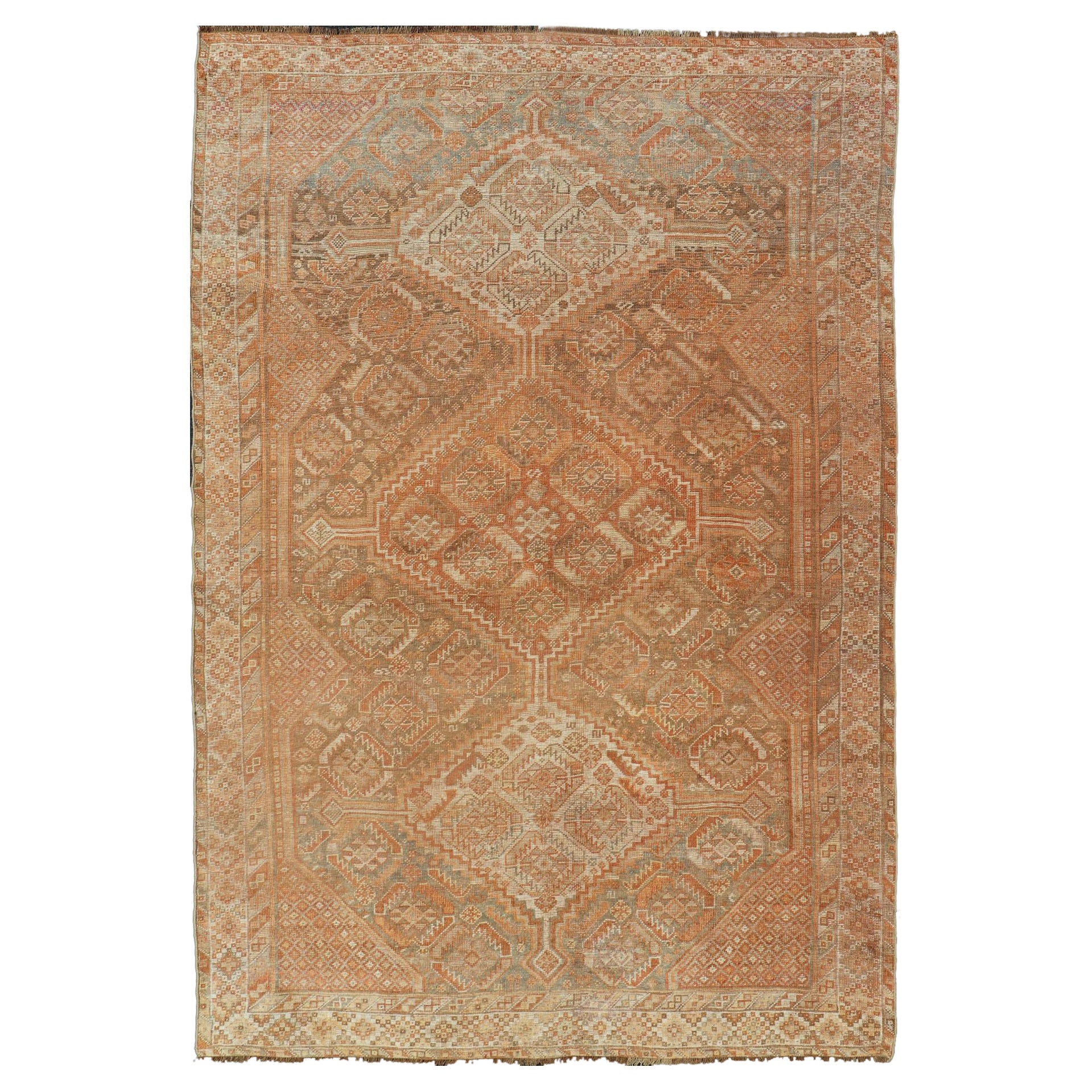 Antique Distressed Persian Shiraz Rug in Shades of Soft Orange, Lt. Brown, Gray For Sale