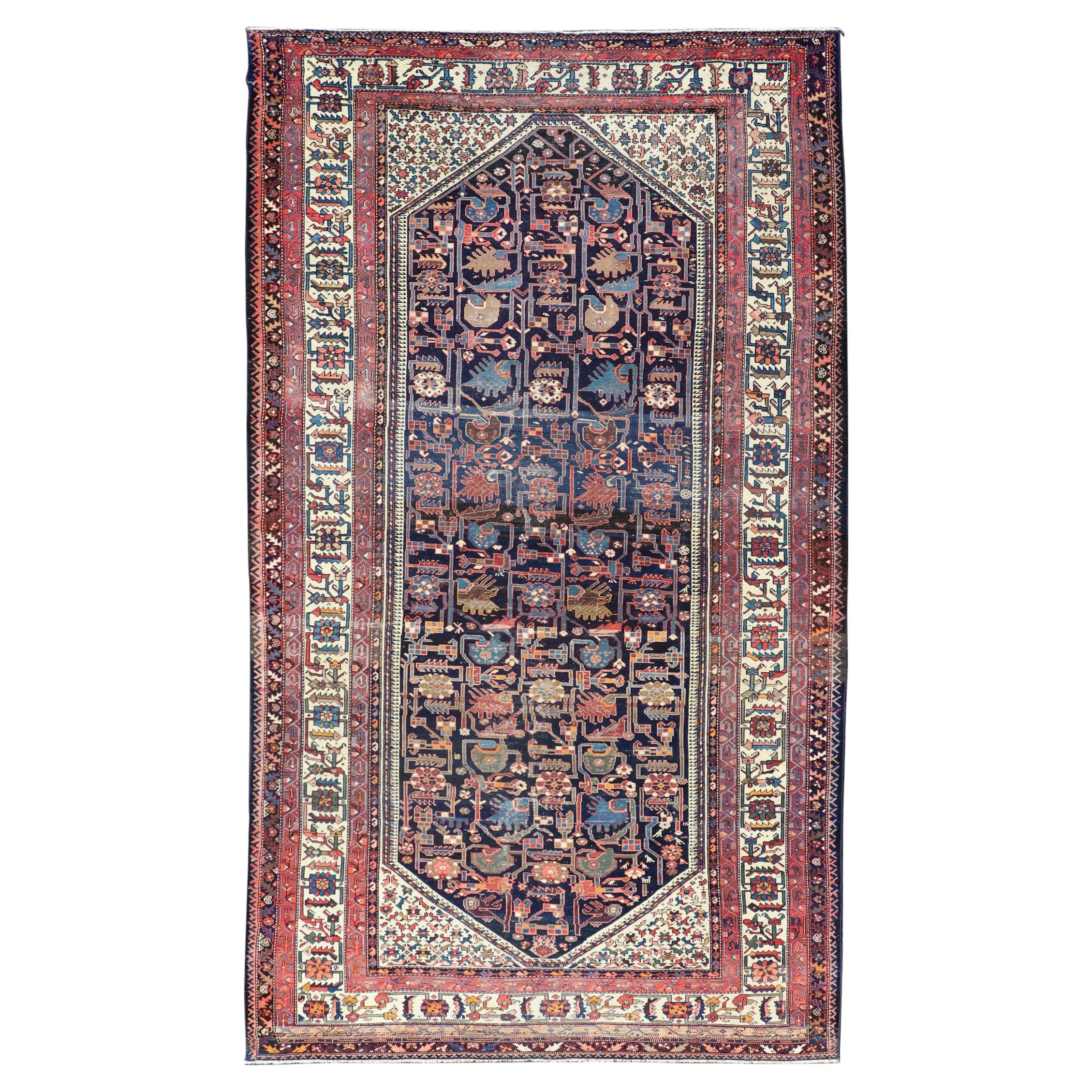 Antique Persian Gallery Hamadan Runner in Blue Background, Multi Colors