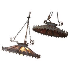 Pair Early 19th C Regency Dodecagon Pendants Lights Lantern Tin Glass Toleware
