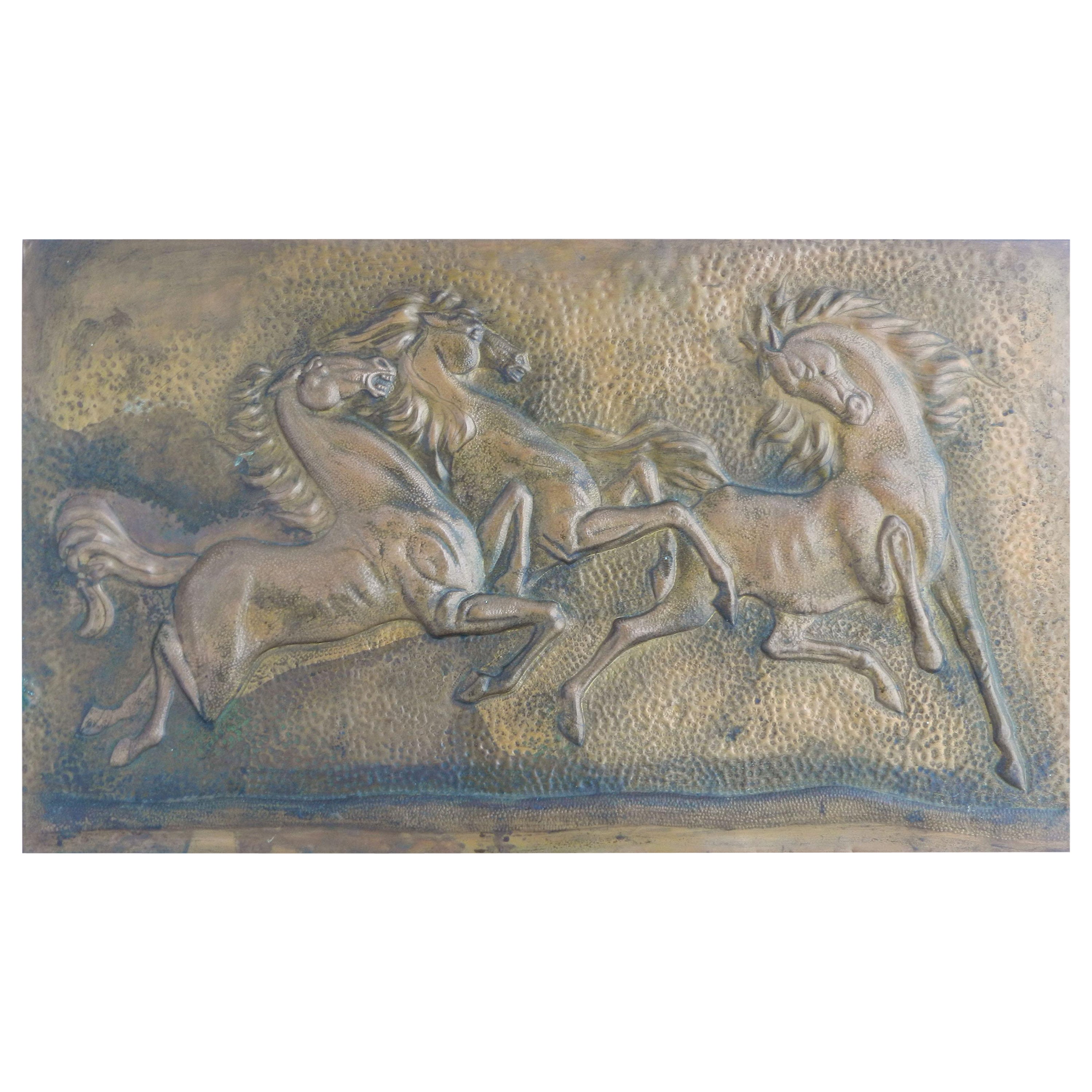 Mid Century Horses Wall Decoration Panel Embossed Copper c1950 