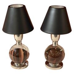 Jacques Adnet and Baccarat Crystal Ball Pair of Art Deco Table Lamps