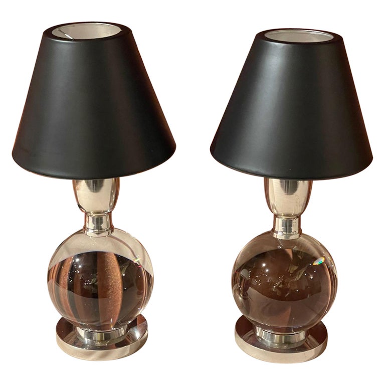 Jacques Adnet And Baccarat Crystal Ball, Crystal Orb Table Lamp Set