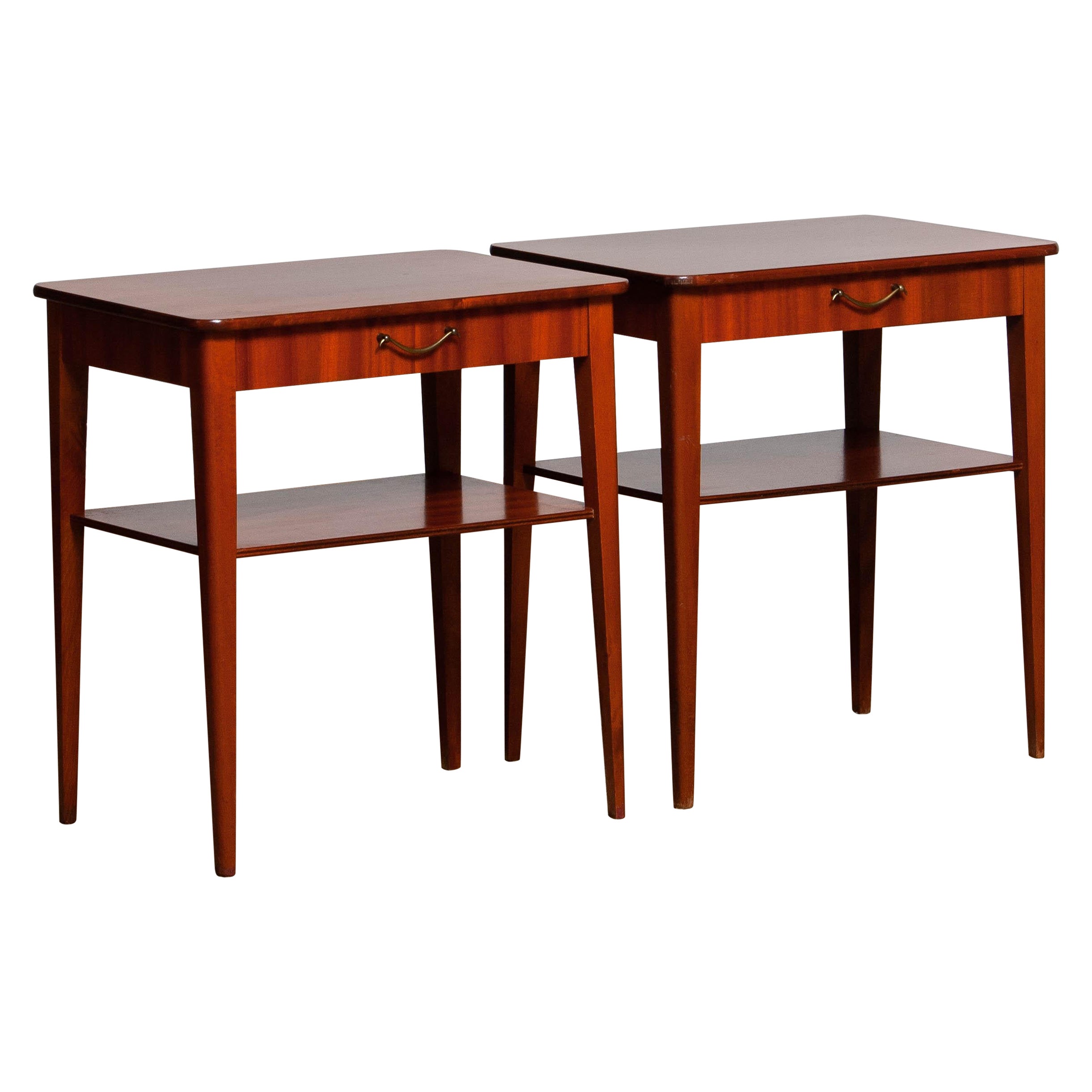 1960's Pair Slim Scandinavian Mahogany Night Stands / Bedside Tables from Sweden