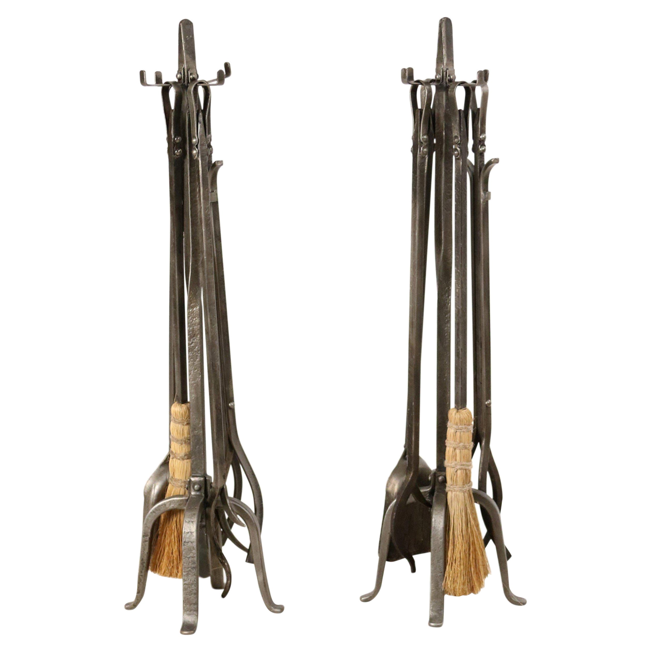 Set of Modernist Wrought Iron and Nickel Fireplace Tools at 1stDibs
