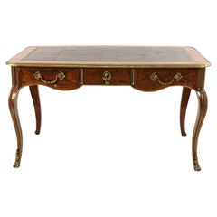 French Louis XV Style Leather Top Kingood Veneer and Brass Desk