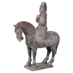 Chinese Tang Dynasty-Style Terra Cotta Horse with Rider Tomb Figure