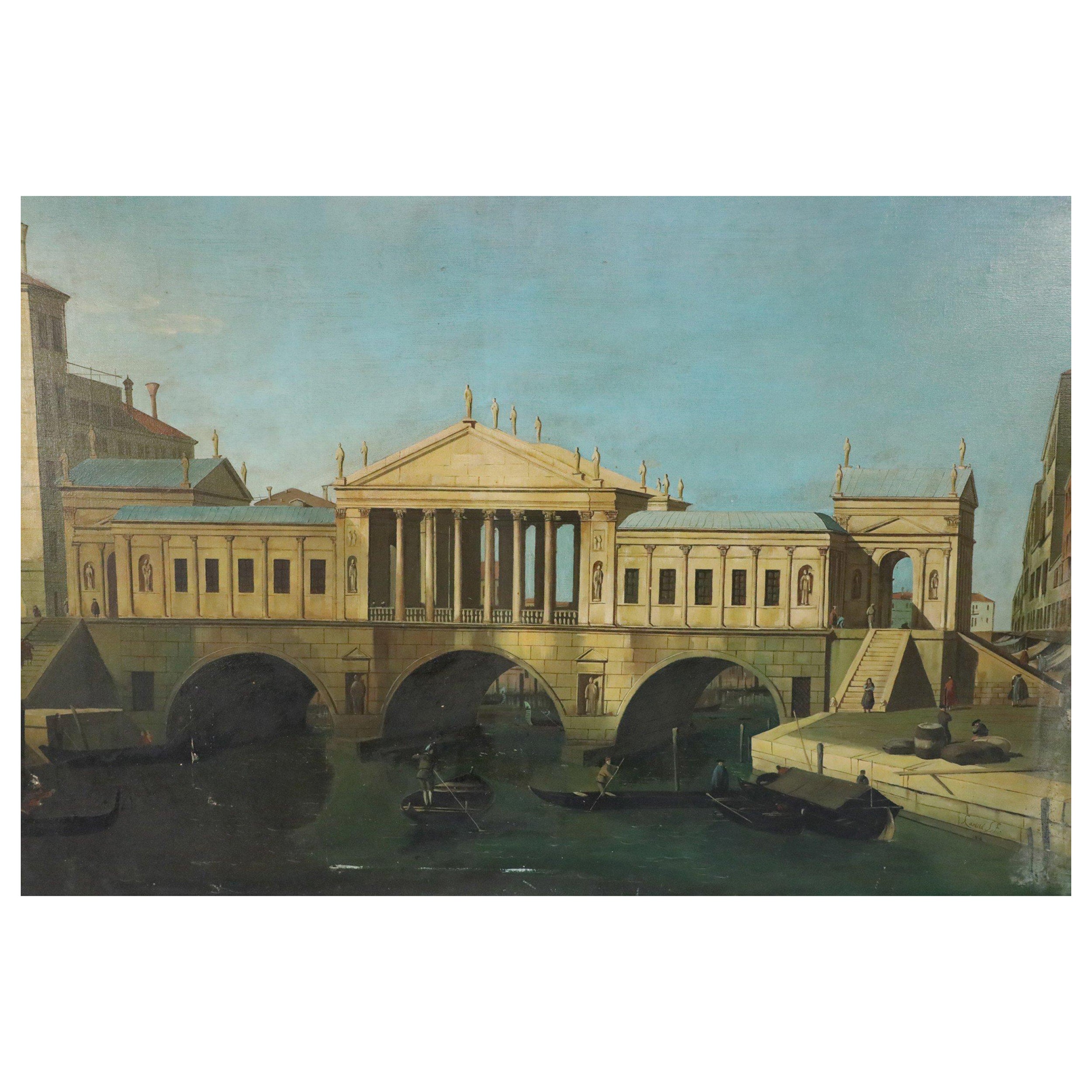 Grand Tour Style 20th Century Venetian Canal Painting on Canvas For Sale