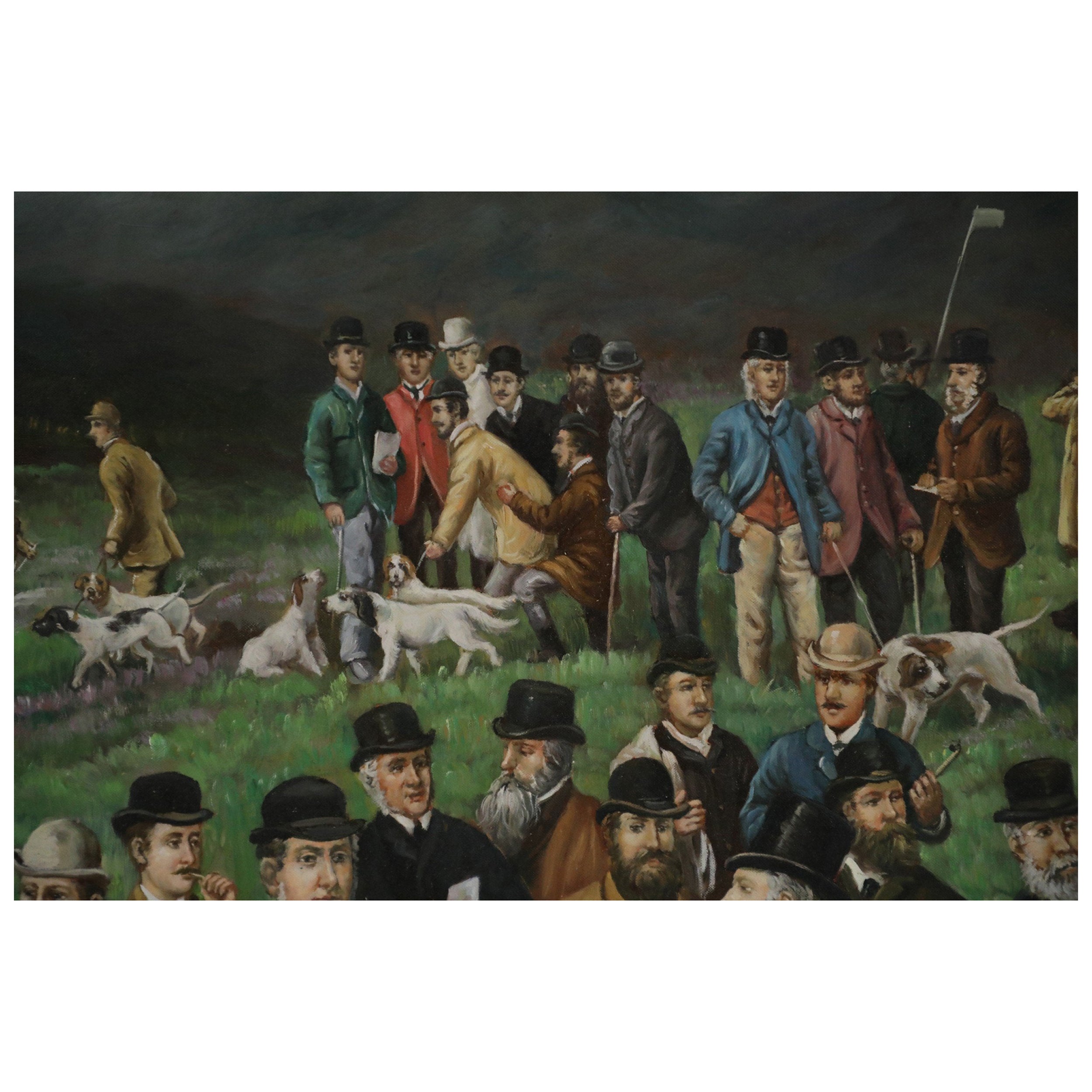 Large Men and Dogs Gathering for the Hunt Painting on Canvas