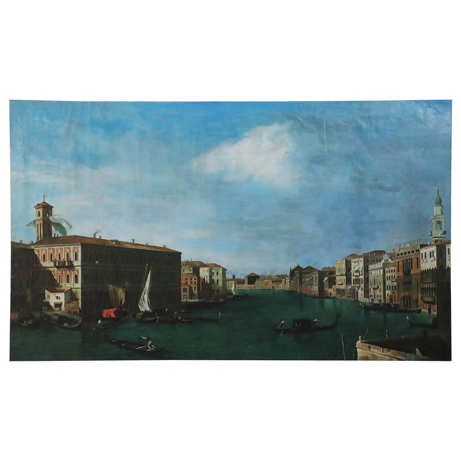 Peinture à l'huile sur toile italienne représentant un canal vénitien et une ville