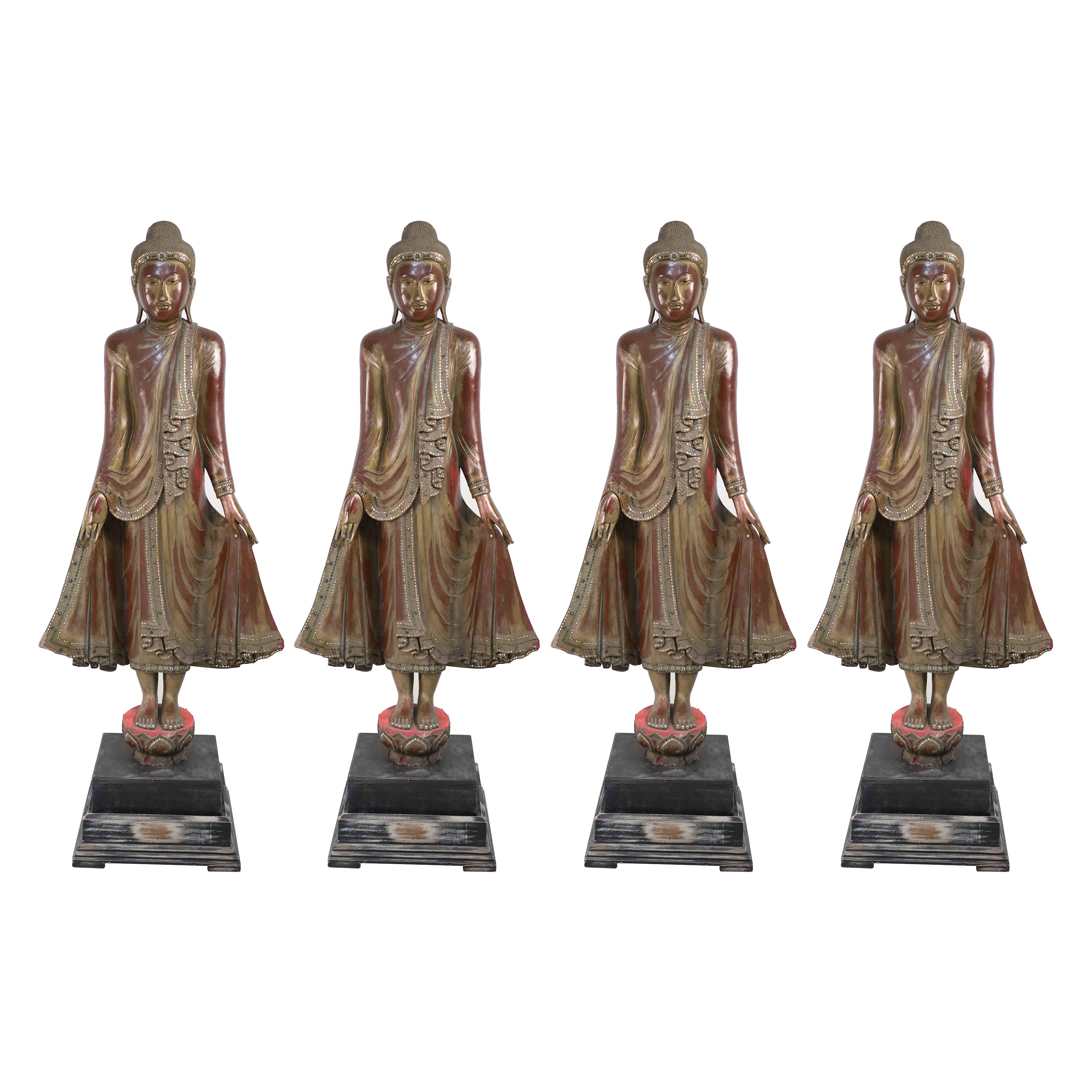 Thai Gold and Red Wooden Bodhisattva Statues For Sale