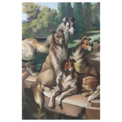 Peinture à l'huile sur toile - Portrait de chiens réunis sur des marches