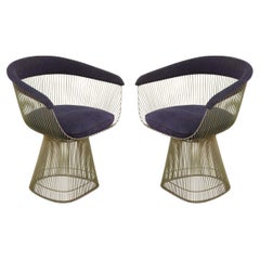 Warren Platner for Knoll Curved Steel and Blue Upholstered Arm Chairs