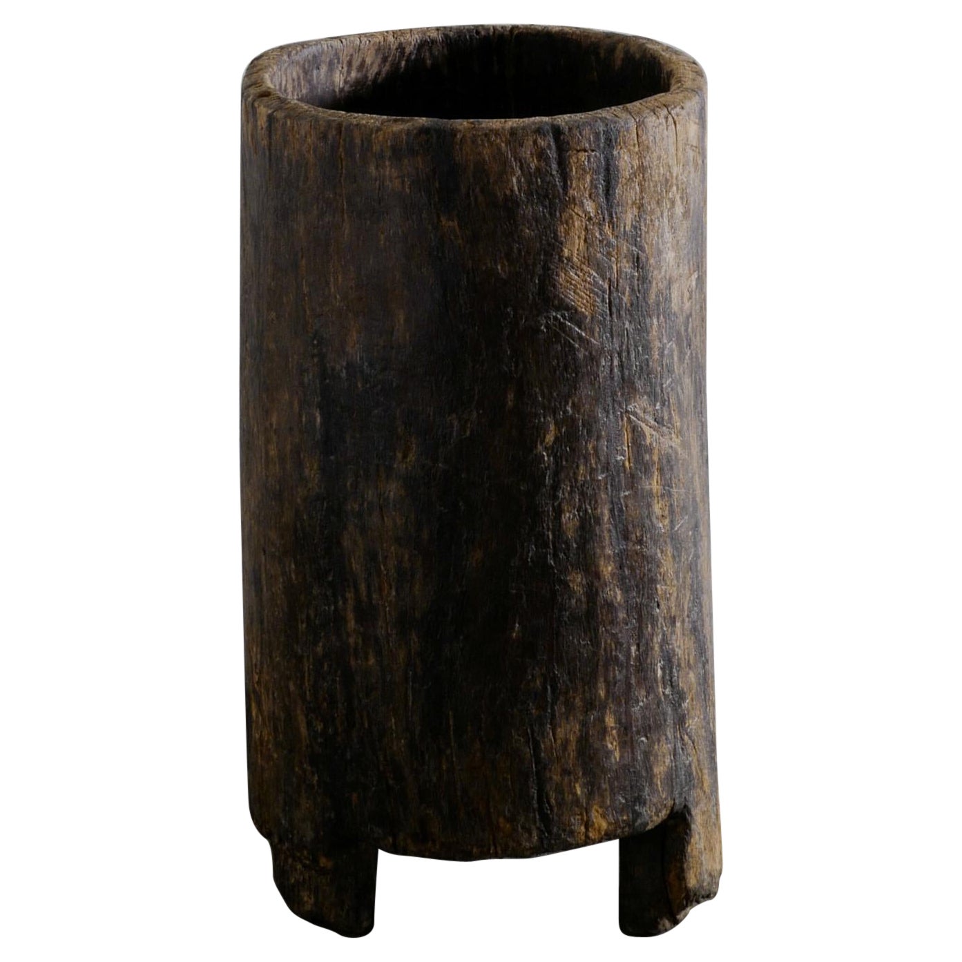 Wooden Teak Primitive Naga Pot Barrel Planter in a Wabi Sabi Style, India